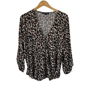 Inner Circle Leopard Print Blouse XL Draped V Neck 3/4 Sleeves Metal Circle